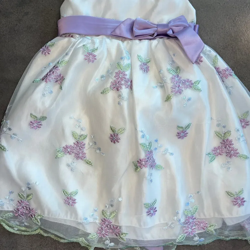 Girls floral Embroidered lavendar satin bow formal dress pearl collar Toddler 4T